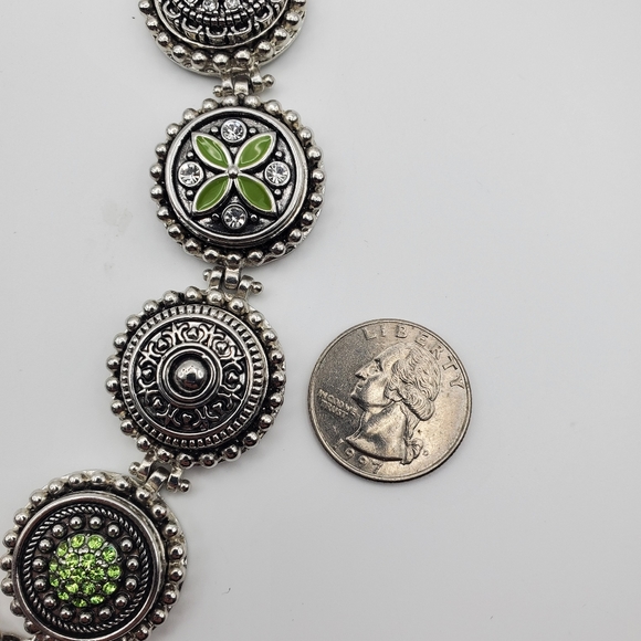 GS Silver Tone Green Rhinestone Bracelet Enamel Link Fashion Jewelry 7 1/2" - Picture 7 of 10